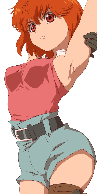 1girl aonori_misuji armpits bastard!! belt blue_eyes breasts brown_eyes closed_mouth gloves looking_at_viewer red_hair short_hair simple_background solo thighhighs tia_noto_yoko white_background