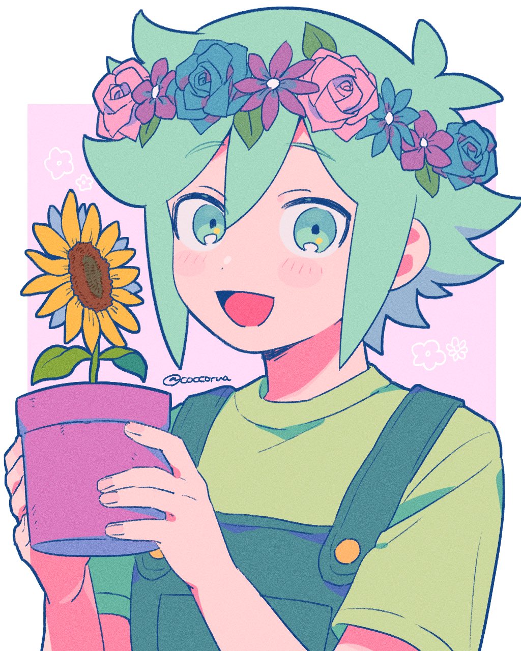 1boy :d antenna_hair basil_(headspace)_(omori) basil_(omori) blue_flower blue_rose border buttons commentary_request dot_nose double-parted_bangs fingernails flower flower_pot flower_wreath green_eyes green_hair green_overalls green_shirt hair_between_eyes hands_up head_wreath highres holding holding_flower_pot looking_at_viewer male_focus mommorua omori open_mouth outside_border overalls pink_background pink_flower pink_rose purple_flower rose shirt short_hair short_sleeves sidelocks simple_background smile solo sunflower t-shirt tongue twitter_username upper_body white_border