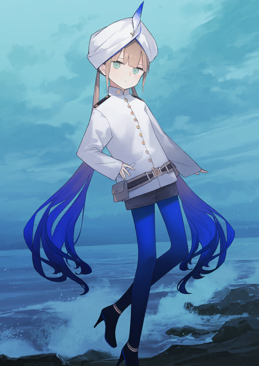 1boy androgynous astg beach belt belt_pouch black_shoes blue_background blue_hair blue_pantyhose blunt_bangs brown_hair brown_shorts buttons captain_nemo_(fate) captain_nemo_(first_ascension)_(fate) closed_mouth expressionless fate/grand_order fate_(series) full_body game_cg gradient_hair green_eyes hand_on_own_hip hat_feather high_collar high_heels horizon jacket leg_up long_hair looking_at_viewer low_twintails male_focus multicolored_hair nemo_(fate) official_art overcast pantyhose pantyhose_under_shorts pouch shoes short_shorts shorts shoulder_boards sidelocks sky sleeves_past_wrists solo standing standing_on_one_leg stiletto_heels third-party_source twintails variant_set very_long_hair waves white_jacket white_turban