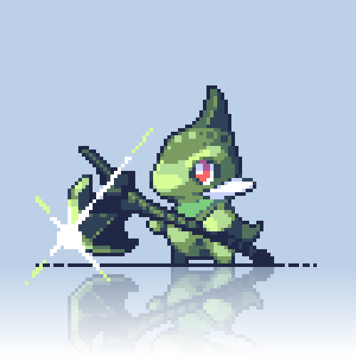 animal_focus axew bright_pupils colored_skin commentary commission english_commentary gen_5_pokemon glint gradient_background green_skin grey_background halberd holding holding_polearm holding_weapon lowres nintendo no_humans pixel_art pokemon pokemon_(creature) polearm red_eyes robin_(pixelated_robin) simple_background tail weapon white_pupils
