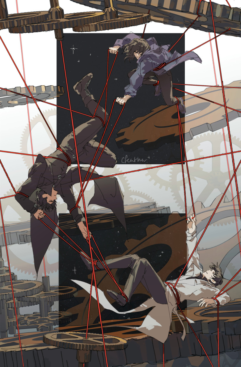 1girl 2boys black_coat black_hair cfeather8 clenched_hand coat entangled floating gears han_sooyoung highres hood hood_down hoodie kim_dokja knees_together_feet_apart knees_up multiple_boys omniscient_reader&#039;s_viewpoint open_clothes open_coat popped_collar puppet_strings purple_hoodie revealing_layer serious starry_sky_print string string_of_fate string_pull symbolism white_coat yoo_joonghyuk