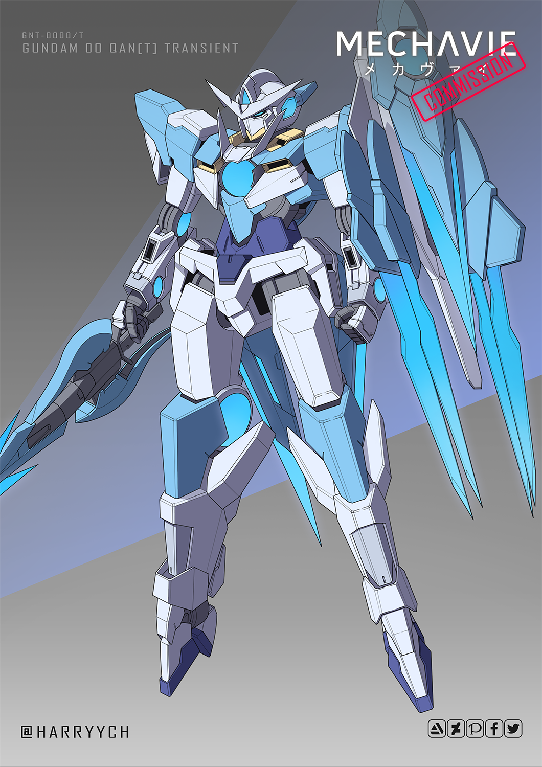 00_qan[t] blue_eyes character_name clenched_hand commentary commission english_commentary floating fusion gundam gundam_00 gundam_00_a_wakening_of_the_trailblazer gundam_build_fighters gundam_build_fighters_try harryych highres holding holding_sword holding_weapon mecha robot science_fiction solo sword transient_gundam twitter_username v-fin weapon
