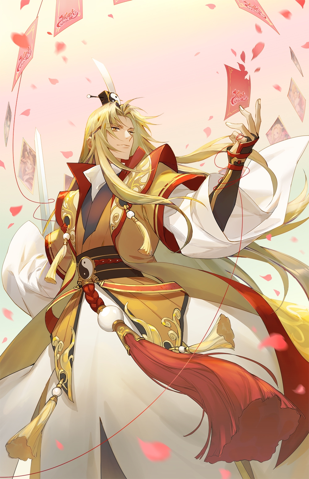 1boy bishounen blonde_hair chinese_clothes closed_mouth falling_petals fingerless_gloves gloves gradient_background hand_up hanfu highres holding holding_weapon fox_spirit_matchmaker jian_(weapon) long_hair long_sleeves male_focus petals ru_(famia) smile solo standing string string_of_fate sword tassel very_long_hair wangquan_fugui weapon wide_sleeves wuxia yellow_eyes yin_yang