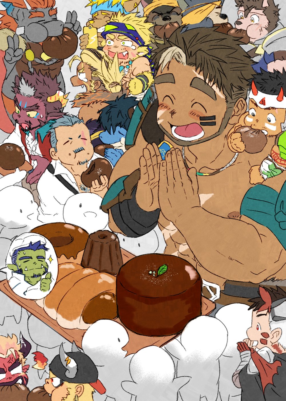6+boys ^_^ another_eidos-r bara barboros_(another_eidos) beard billford_(another_eidos) blurry bread cake character_request chef chest_hair_peek clapping closed_eyes content_rating dark-skinned_male dark_skin deformed demon_boy depth_of_field double_v faceless facial_hair food food_theft from_above fugur6_fugur9 full_beard gaia_(another_eidos) giant giant_male gorilla_boy grey_hair gymnos_(another_eidos) harold_(another_eidos) headband highres huge_eyebrows laughing male_focus mature_male meat milestone_celebration mini_person miniboy multiple_boys muscular muscular_male mustache mustache_stubble nipples on_shoulder orc pugi_(another_eidos) satan_(another_eidos) short_hair stalon_(another_eidos) stubble tearing_up thick_beard thick_eyebrows thick_mustache v yuno_(another_eidos)