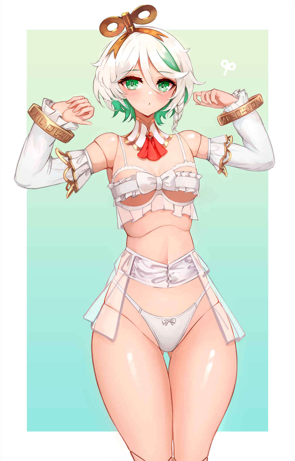 1girl arms_up ascot blush border bra braid cecilia_immergreen chest_bow commentary cowboy_shot cupless_bra detached_collar detached_sleeves doll_joints frilled_bra frilled_sleeves frills garter_belt gold_ring gradient_background green_background green_eyes green_hair highleg highleg_panties highres hololive hololive_english joints lingerie long_sleeves looking_at_viewer multicolored_hair navel notte outside_border panties parted_lips red_ascot short_hair side_braid single_braid solo standing two-tone_hair underwear virtual_youtuber white_border white_bra white_hair white_panties winding_key