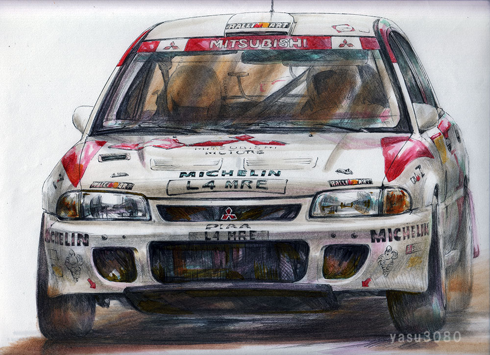 2others artist_name car check_commentary colored_pencil_(medium) commentary_request michelin michelin_man mitsubishi mitsubishi_lancer_evolution mitsubishi_motors motor_vehicle multiple_others race_vehicle racecar ralliart rally_car simple_background traditional_media vehicle_focus white_background white_car world_rally_championship yasuyuki3080