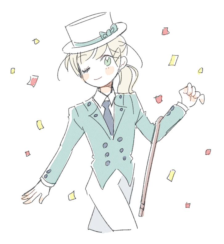 1girl aqua_bow aqua_jacket arne_no_jikenbo blazer blonde_hair blue_necktie blush_stickers bow buttons cane closed_mouth collared_jacket collared_shirt commentary commentary_request confetti cropped_legs crossdressing dress_pants english_commentary formal_clothes green_eyes hair_ornament hairclip happy hat hat_bow jacket lapels layered_sleeves long_hair long_sleeves looking_at_viewer low_ponytail lynn_reinweiss mixed-language_commentary necktie notched_lapels one_eye_closed pants ponytail shirt shuntaro_(tya_nya0000) simple_background smile solo top_hat white_background white_hat white_pants white_shirt x_hair_ornament