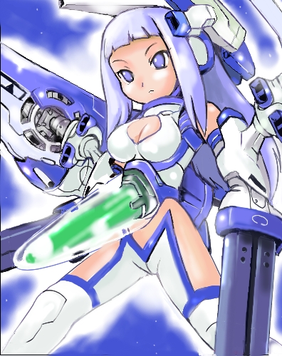 1girl blue_eyes blue_hair breasts cleavage cleavage_cutout clothing_cutout cockpit female_focus impossible_clothes large_breasts long_hair lowres matching_hair/eyes mecha_musume no_pupils personification rvr-01_gauntlet sidelocks solo t2 thighhighs thunder_force