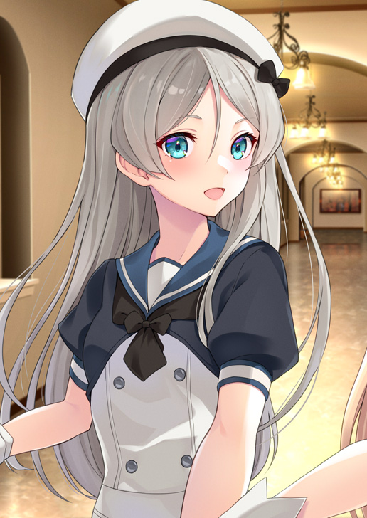 black_jacket black_neckerchief blue_eyes blue_sailor_collar commission dress grey_hair hair_between_eyes hallway hat jacket javelin_(kancolle) kanden_sky kantai_collection long_hair loose_hair_strand neckerchief photo_background pixiv_commission sailor_collar sailor_hat short_sleeves smile upper_body white_dress white_hat