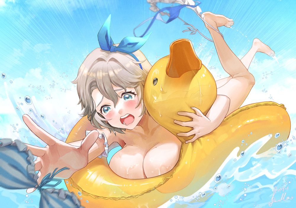 1girl armpits blue_eyes blush breasts brown_dust_(series) brown_dust_2 completely_nude convenient_censoring crying crying_with_eyes_open duck_innertube emphasis_lines full_body grey_hair hair_between_eyes hair_ribbon large_breasts legs_up nude ocean open_mouth outstretched_arm panicking ribbon short_hair shouting signature solo splashing swallow165 tears teeth teresse_(beachside_angel)_(brown_dust) teresse_(brown_dust) unworn_bikini_bottom unworn_bikini_top wardrobe_malfunction wavy_mouth wet