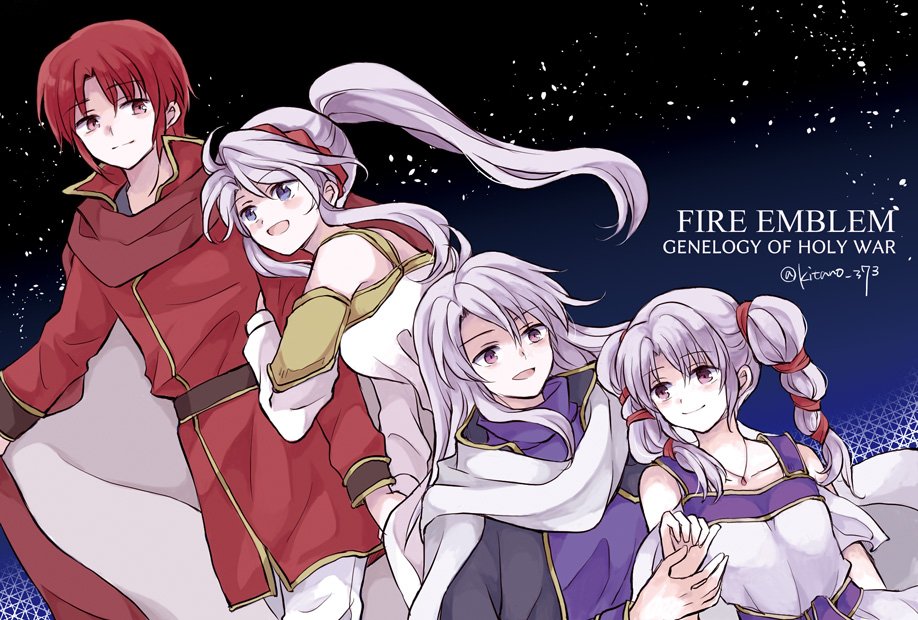 2boys 2girls arm_hug arthur_(fire_emblem:_genealogy_of_the_holy_war) azelle_(fire_emblem) blue_eyes braid brother_and_sister cape cloak fire_emblem fire_emblem:_genealogy_of_the_holy_war holding_own_arm kitano_373 multi-tied_hair multiple_boys multiple_girls nintendo ponytail purple_eyes red_hair siblings smile tailtiu_(fire_emblem) tine_(fire_emblem) twin_braids white_hair