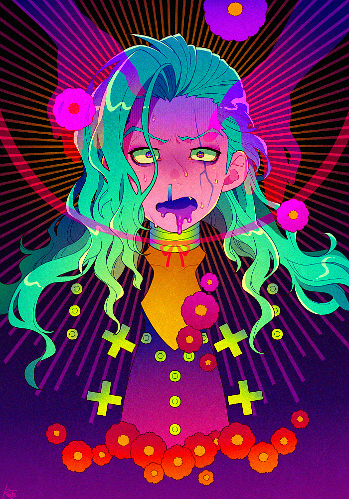 1boy abstract blending camellia collarbone colored_sclera colored_skin colorful diamond_wa_kudakenai drooling fang flower green_hair jojo_no_kimyou_na_bouken kiri_futoshi long_hair looking_at_viewer male_focus mouth_drool open_mouth otoishi_akira pink_skin ribbon ringed_eyes saliva sideburns snot solo sweat wavy_hair yellow_sclera
