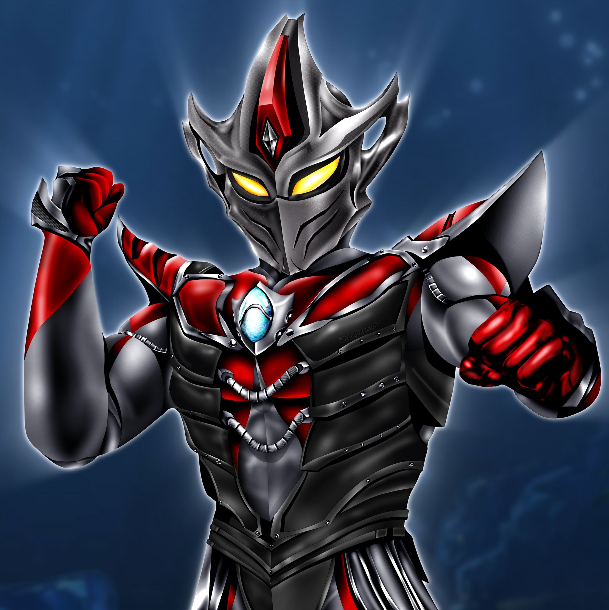 1boy alien armor black_armor breastplate clenched_hands collarbone color_timer colored_skin commentary crystal darramb dorsal_fin fighting_stance forehead_jewel gauntlets glowing glowing_eyes hands_up hanejidyna86 highres looking_down male_focus multicolored_skin muscular muscular_male no_mouth ocean pointy_ears red_armor red_skin shoulder_armor shoulder_pads silver_skin solo standing tokusatsu tsurime ultra_series ultraman_tiga:_the_final_odyssey ultraman_tiga_(series) underwater upper_body yellow_eyes