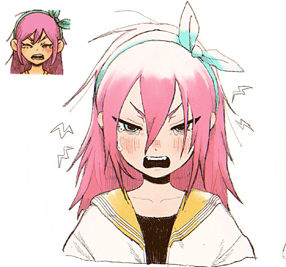 1girl aubrey_(faraway)_(omori) aubrey_(omori) blue_eyes blue_hairband collarbone crying crying_with_eyes_open hairband jacket long_hair looking_at_viewer omori pink_hair reference_inset simple_background solo tate_ware_anal tears teeth upper_body upper_teeth_only white_background white_jacket
