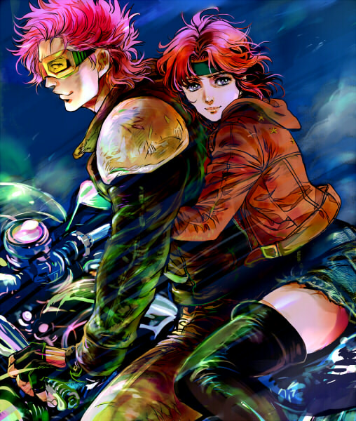 1boy 1girl bat_(hokuto_no_ken) brown_hair closed_mouth commentary_request goggles headband hokuto_no_ken jacket jobo_(isi88) lin_(hokuto_no_ken) looking_at_viewer red_hair retro_artstyle short_hair smile thighhighs
