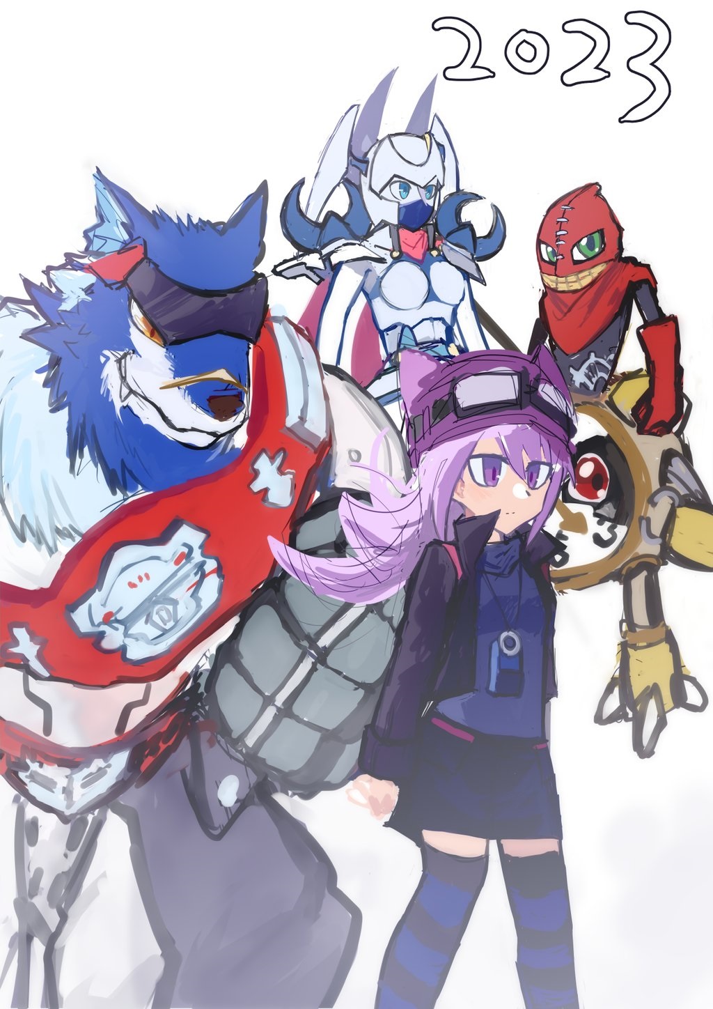 clockmon dianamon digimon_story:_sunburst_and_moonlight goggles goggles_on_head hat highres long_hair machgaogamon purple_eyes purple_hair sayo_(digimon)