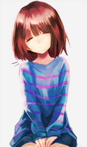 1other blue_shirt blue_shorts blunt_bangs bob_cut brown_hair closed_eyes closed_mouth collarbone commentary_request cowboy_shot facing_viewer frisk_(undertale) grey_background long_sleeves medium_hair meihahaha other_focus pink_shirt shirt shorts simple_background sitting sleeves_past_wrists solo straight-on striped_clothes striped_shirt two-tone_shirt undertale v_arms