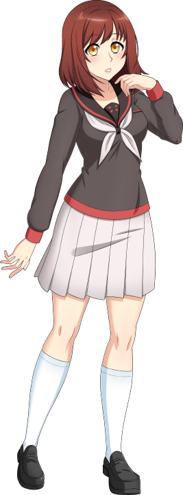 1girl black_serafuku black_shoes brown_eyes commentary english_commentary light_blush looking_at_viewer mulberry_(mulberry_elixir) multicolored_eyes neckerchief official_art red_hair school_uniform serafuku shoes skirt solo sumire_saitozaki thighhighs two-tone_eyes white_neckerchief white_skirt white_thighhighs yandere_simulator yellow_eyes zettai_ryouiki