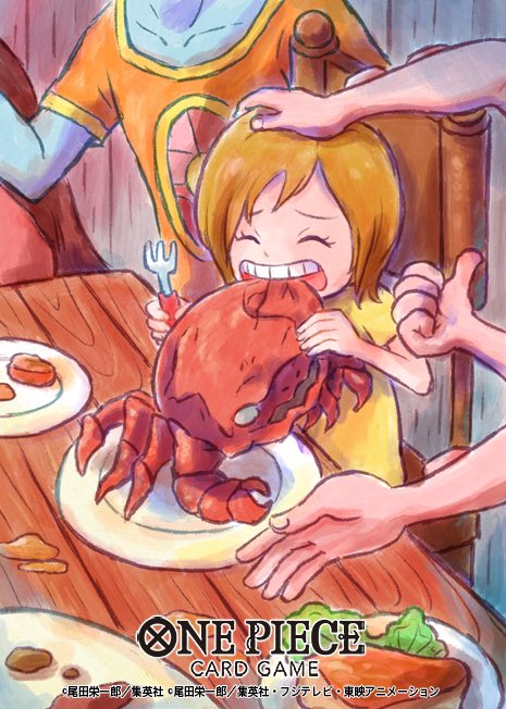 1girl aged_down closed_eyes commentary_request copyright_name crab dress eating fork hand_on_another&#039;s_head hatchan holding holding_fork koala_(one_piece) lettuce multiple_boys official_art on_chair one_piece one_piece_card_game plate short_hair short_sleeves sitting sowsow table yellow_dress