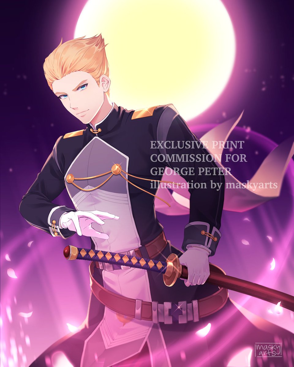 1boy aiguillette alan_richard artist_logo artist_name blonde_hair commentary_request commission eiyuu_densetsu english_text falling_petals full_moon gloves hair_slicked_back highres holding holding_sword holding_weapon katana logo looking_at_viewer male_focus maskyarts moon petals short_hair shoulder_boards solo sora_no_kiseki sword watermark weapon white_gloves