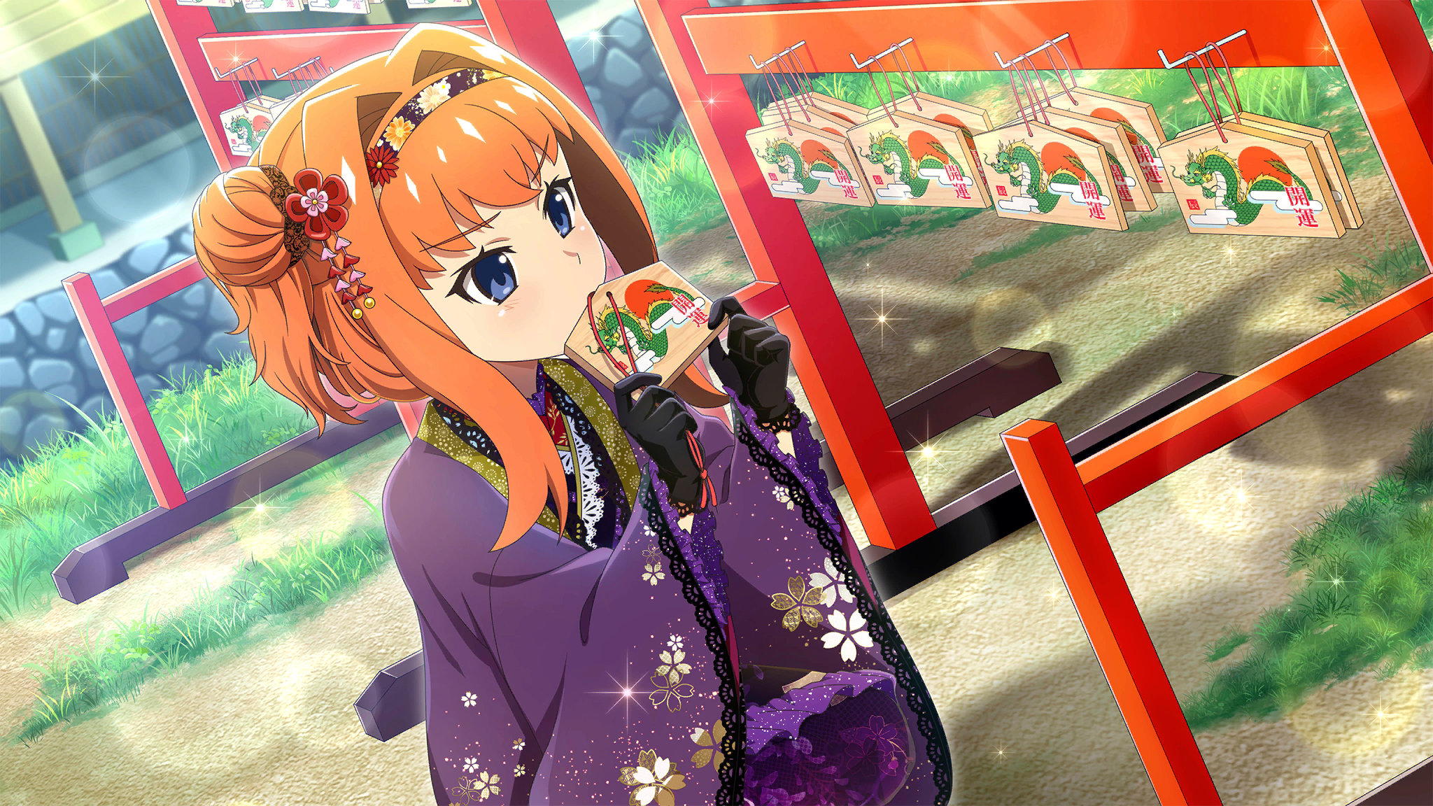 1girl black_gloves blue_eyes covered_mouth dutch_angle ema floral_print floral_print_kimono flower frilled_kimono frills game_cg gloves hair_bun hair_flower hair_intakes hair_ornament hair_up hairband highres higurashi_no_naku_koro_ni higurashi_no_naku_koro_ni_mei holding_ema houtani_nao japanese_clothes kimono lens_flare light_rays long_hair looking_at_object new_year non-web_source official_alternate_hairstyle official_art orange_hair outdoors print_kimono purple_kimono shrine single_hair_bun solo sparkle sunbeam sunlight three_quarter_view wide_sleeves