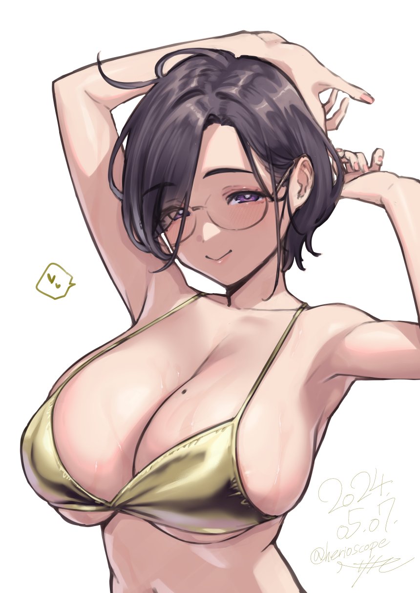 1girl alternate_hair_length alternate_hairstyle arms_behind_head arms_up ayane-san bikini breasts dated eyes_visible_through_hair glasses gold_bikini golden_week heart herio highres large_breasts mole mole_on_breast mole_under_eye nail_polish original pink_nails purple_eyes short_hair simple_background smile solo spoken_heart swimsuit underboob white_background