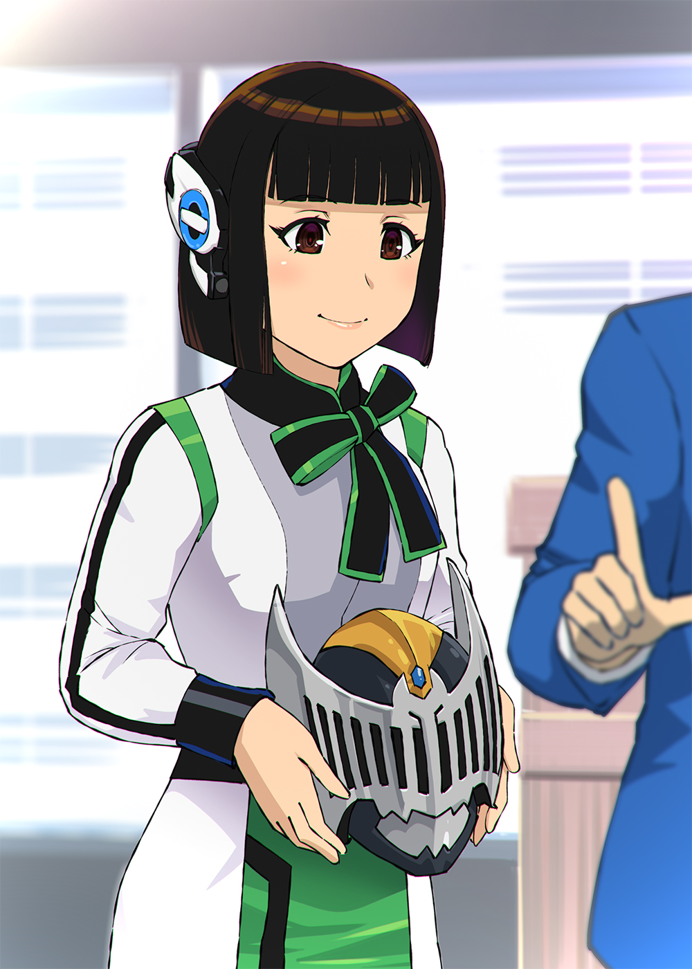 1girl bow brown_eyes brown_hair helmet highres humagear_headphones izu_(kamen_rider_01) jacket kamen_rider kamen_rider_01_(series) kamen_rider_knight kamen_rider_ryuki_(series) long_sleeves out_of_frame short_hair smile ueyama_michirou white_jacket
