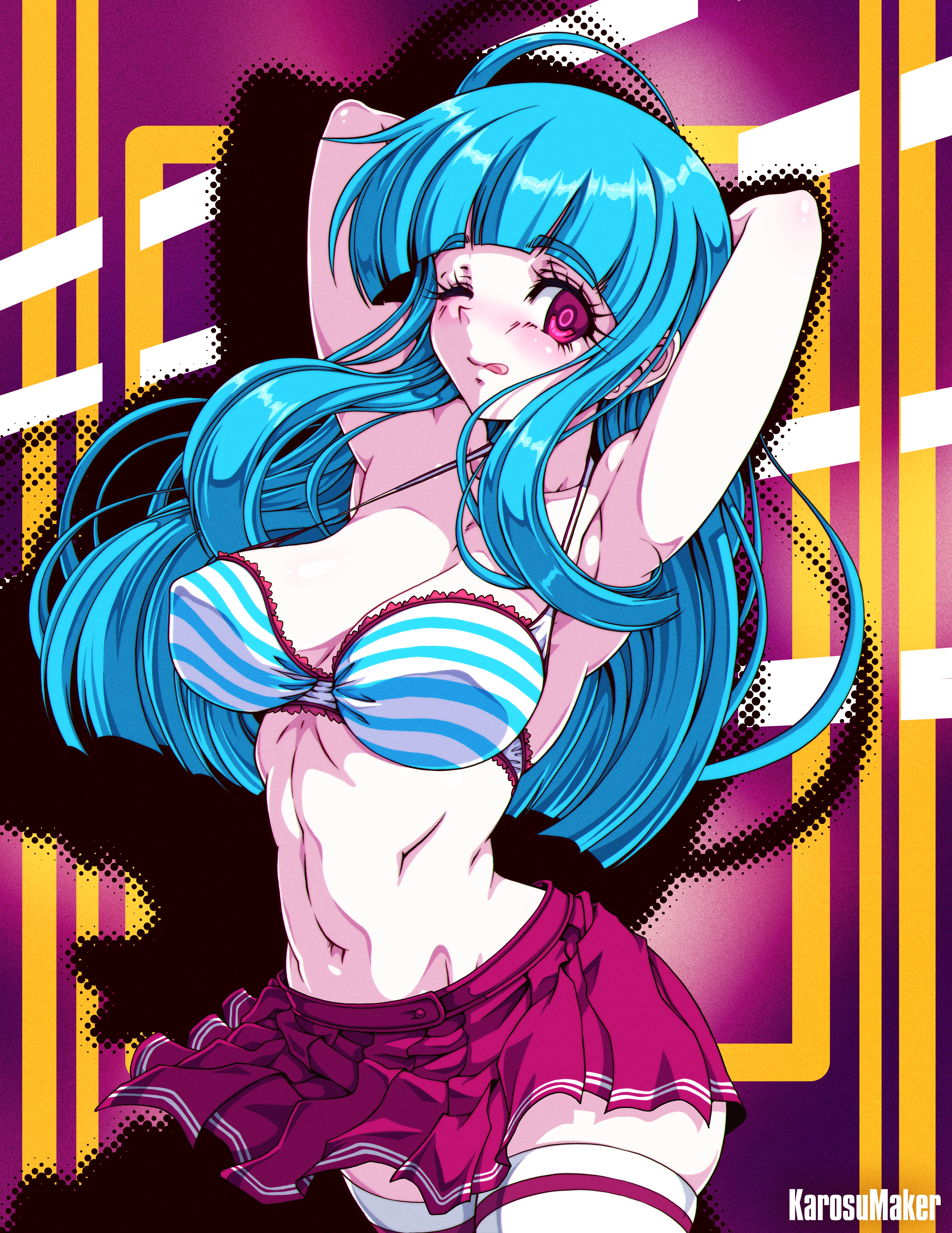 1girl ;q absurdres alternate_color alternate_costume armpits arms_behind_head artist_name blue_bra blue_hair blunt_bangs bra breasts commentary commission contemporary cowboy_shot highres hyuuga_hinata karosu_maker large_breasts long_hair looking_at_viewer me!me!me! naruto_(series) navel no_shirt one_eye_closed paid_reward_available pleated_skirt purple_background purple_eyes purple_skirt school_uniform shadow skirt solo standing stomach striped_bra striped_clothes thighhighs tongue tongue_out underwear white_thighhighs