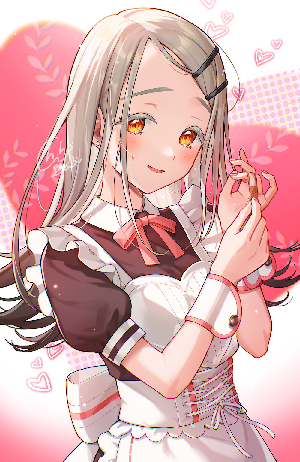 1girl apron bandaid bandaid_on_finger black_dress blonde_hair blush colored_eyelashes commentary corset dress earrings flipped_hair gakuen_idolmaster grey_hair hair_ornament hairclip happy_mille-feuille_(idolmaster) heart heart_apron highres idolmaster jewelry long_hair maid neck_ribbon orange_eyes parted_lips red_ribbon ribbon shinishi_chiho shinosawa_hiro signature skinny smile solo stud_earrings sweatdrop upper_body valentine white_apron white_corset wrist_cuffs