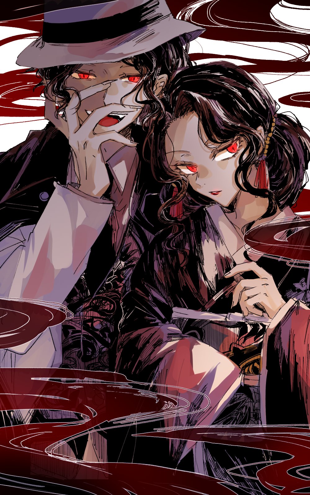 1boy 1girl black_hair demon_boy demon_girl formal_clothes genderswap genderswap_(ftm) genderswap_(mtf) highres japanese_clothes kibutsuji_muzan kibutsuji_muzan_(female) kimetsu_no_yaiba kimono lilicho looking_at_viewer red_eyes slit_pupils suit