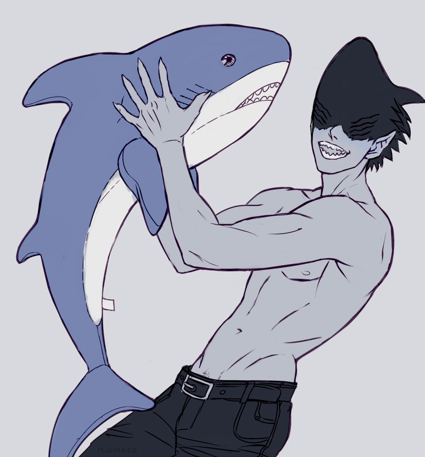 1boy beam_(chainsaw_man) chainsaw_man commentary greyscale hashtag-only_commentary holding holding_stuffed_toy male_focus male_pubic_hair monochrome open_mouth pants pubic_hair pubic_hair_peek sharp_teeth smile solo spot_color stuffed_animal stuffed_shark stuffed_toy teeth toned toned_male topless_male vasiliy-plumber