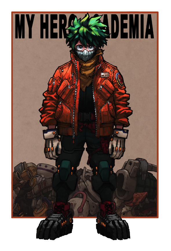 1boy akira_(manga) arms_at_sides badge baggy_clothes belt black_cloak black_outline blue_gloves bodysuit boku_no_hero_academia bright_pupils buckle cape check_clothing cloak clothing_request copyright_name covered_mouth cross-laced_footwear dirty dirty_clothes full_body fur-trimmed_vest fur_trim gloves goggles green_eyes green_hair grey_gloves hair_between_eyes headphones headphones_removed helm helmet horikoshi_kouhei jacket layered_clothes long_sleeves looking_at_viewer male_focus mask midoriya_izuku mouth_mask multicolored_hair official_alternate_costume official_art open_clothes open_jacket orange_jacket outline outside_border pile postcard pouch second-party_source short_hair snap-fit_buckle solo spoilers standing straight-on text_background text_focus torn_cape torn_cloak torn_clothes unworn_belt unworn_gloves unworn_goggles unworn_headwear unworn_helmet unworn_vest unzipped v-shaped_eyes vest white_pupils yellow_cape yellow_vest zipper zipper_pull_tab