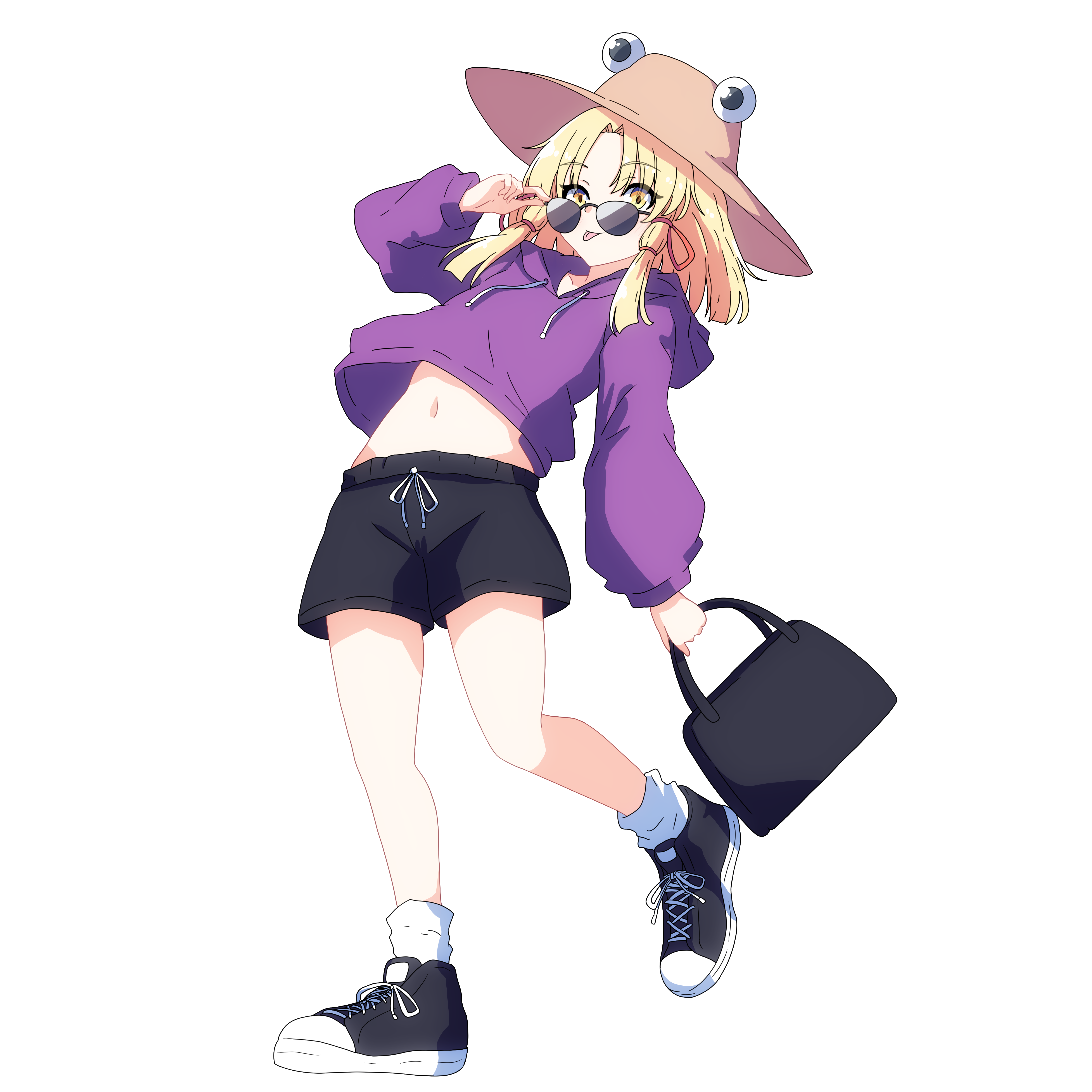 1girl absurdres adjusting_eyewear bag black-framed_eyewear blonde_hair contemporary full_body hair_ribbon handbag hat highres holding holding_bag hood hood_down hoodie long_sleeves looking_at_viewer midriff moriya_suwako pioartstuff purple_hoodie red_ribbon ribbon shoes short_shorts shorts simple_background sneakers socks solo sunglasses tongue tongue_out touhou white_background white_socks yellow_eyes