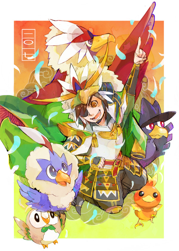 armor braviary brown_eyes brown_hair date_masamune eyepatch gen_2_pokemon gen_3_pokemon gen_5_pokemon gen_7_pokemon helmet japanese_clothes kneeling murkrow nintendo open_mouth pointing pointing_up poke_ball_symbol pokemon pokemon_conquest rowlet rufflet sengoku_musou smile torchic yukimoto