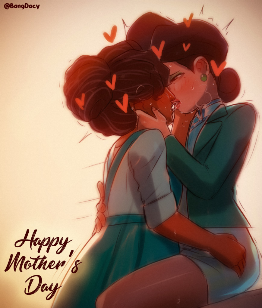 2girls after_kiss bang_dacy black_hair blush crossover dark-skinned_female dark_skin encanto english_text heart interracial julieta_madrigal makeup mature_female ming_lee mole mole_under_eye mother&#039;s_day multiple_girls pantyhose sweat teeth tongue turning_red twitter_username upper_teeth_only yuri