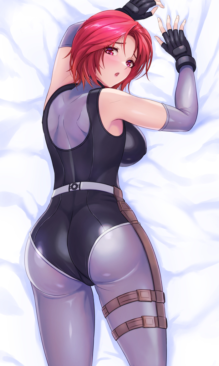1girl ass bare_shoulders bed_sheet black_leotard blush bodysuit breasts commentary_request covered_erect_nipples dino_crisis ema_(emaura) fingerless_gloves fingernails gloves grey_bodysuit holster leotard lips looking_at_viewer looking_back lying medium_breasts on_stomach open_mouth pink_eyes red_hair regina_(dino_crisis) shiny_clothes short_hair skin_tight sleeveless solo thigh_holster