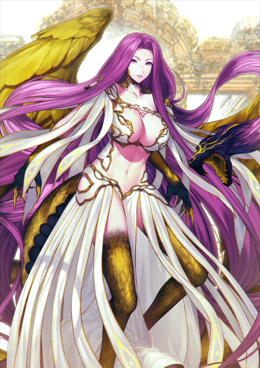 1girl absurdly_long_hair black_skin breasts bustier claws cleavage cleavage_cutout clothing_cutout collarbone colored_extremities colored_skin curtained_hair fate/grand_order fate_(series) feathered_wings feathers feet_out_of_frame floating_hair gold_trim gorgon_(fate) gorgon_(third_ascension)_(fate) huge_breasts linea_alba lips long_hair looking_at_viewer medusa_(fate) monster_girl navel official_art parted_lips pelvic_curtain purple_eyes purple_hair rider scales simosi skirt snake_hair snake_tail solo stomach tail third-party_source underwear variant_set very_long_hair white_background white_bustier white_skirt wings yellow_claws yellow_feathers yellow_scales