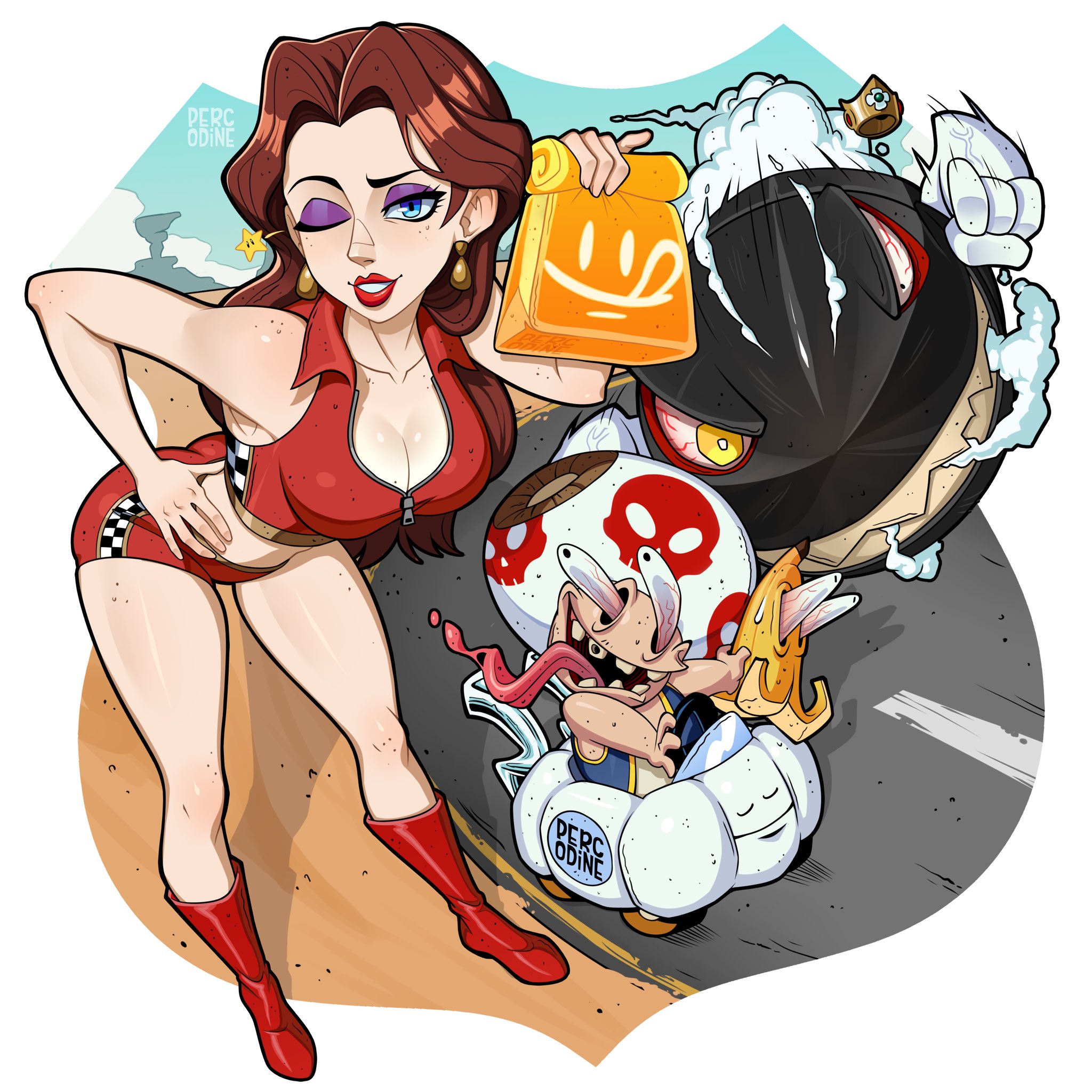 1boy 1girl alternate_costume artist_name banana banzai_bill blue_eyes boots breasts brown_hair cleavage cloud_9_(mario) collared_shirt crop_top dash_food earrings eyeshadow food fruit highres jewelry large_breasts long_hair long_tongue looking_at_viewer makeup mario_(series) mario_kart mario_kart_world nintendo one_eye_closed open_mouth pauline_(mario) percodine purple_eyeshadow red_boots red_lips red_shirt red_shorts shirt short_shorts shorts sleeveless sleeveless_shirt toad_(mario) tongue tongue_out