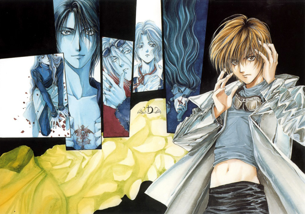 6+boys angel_cage angel_sanctuary artbook blonde_hair brown_eyes coat goggles jewelry katou_yue kira_sakuya long_hair male_focus mask midriff mudou_setsuna multiple_boys navel petals raziel ring rosiel short_hair sunglasses tattoo turtleneck upper_body uriel yuki_kaori