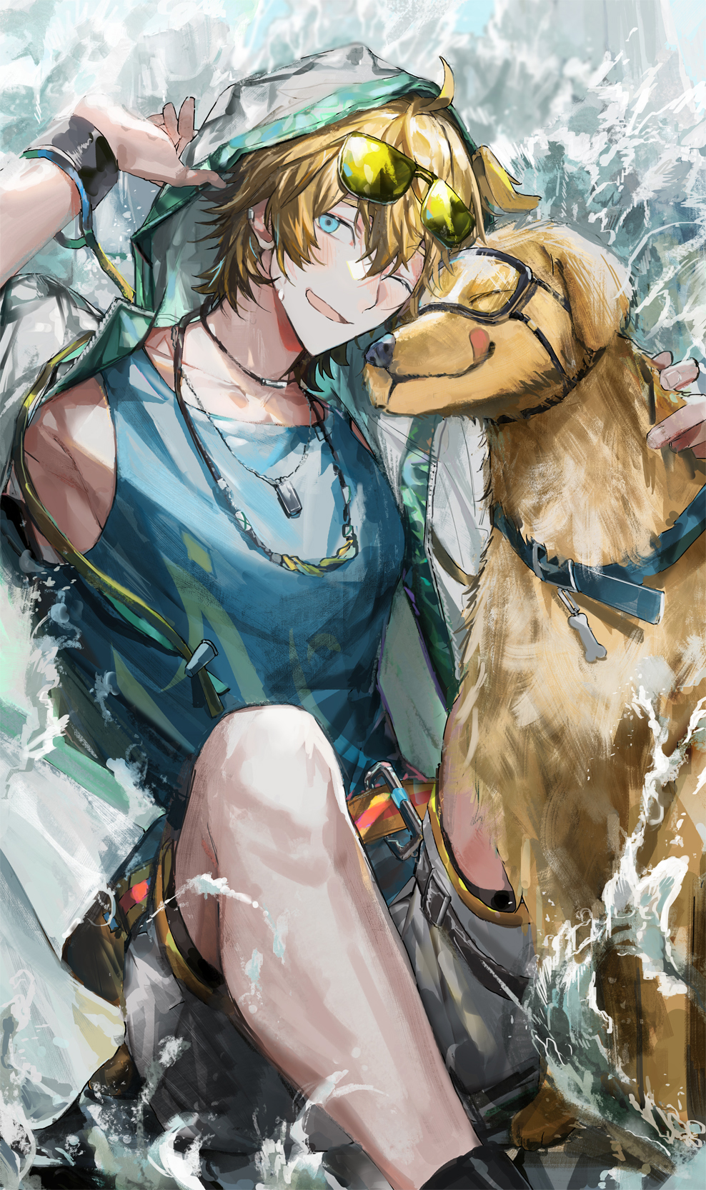 1boy ahoge animal animal_collar animal_hug arknights blonde_hair blue_collar blue_eyes blue_tank_top blush bracelet collar collarbone commentary_request dog dog_request eyewear_on_head feet_out_of_frame grey_shorts hair_between_eyes highres hood hood_up jacket jewelry knees_up looking_at_viewer male_focus nana_tetra necklace one_eye_closed open_clothes open_jacket open_mouth see-through_clothes see-through_jacket short_hair shorts sitting smile solo tank_top tequila_(arknights) tinted_eyewear water waves wet yellow-tinted_eyewear
