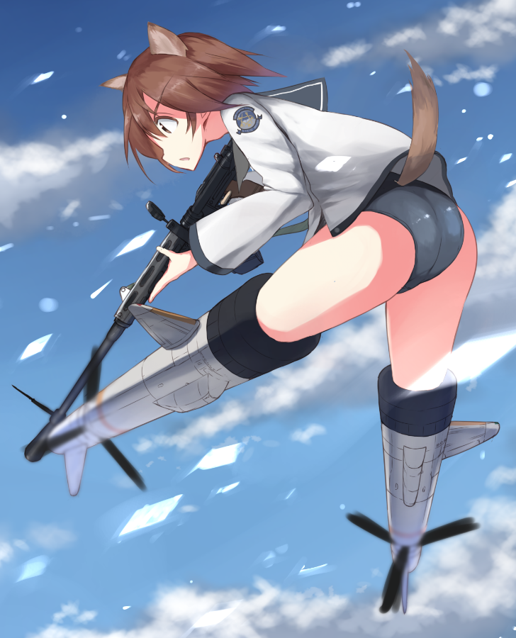 501st_joint_fighter_wing_(emblem) animal_ears ass blouse blue_one-piece_swimsuit blue_sailor_collar blue_sky blurry blurry_background brown_eyes brown_hair cloud cloudy_sky commentary depth_of_field dog_ears dog_tail flying frown gun holding holding_gun holding_weapon leaning_forward long_sleeves machine_gun military military_uniform miyafuji_yoshika motion_blur no_pants one-piece_swimsuit open_mouth sailor sailor_collar school_swimsuit shirt short_hair sky strike_witches striker_unit swimsuit swimsuit_under_clothes tail tsuru_(tsubasa1993621) type_99_cannon weapon white_shirt world_witches_series