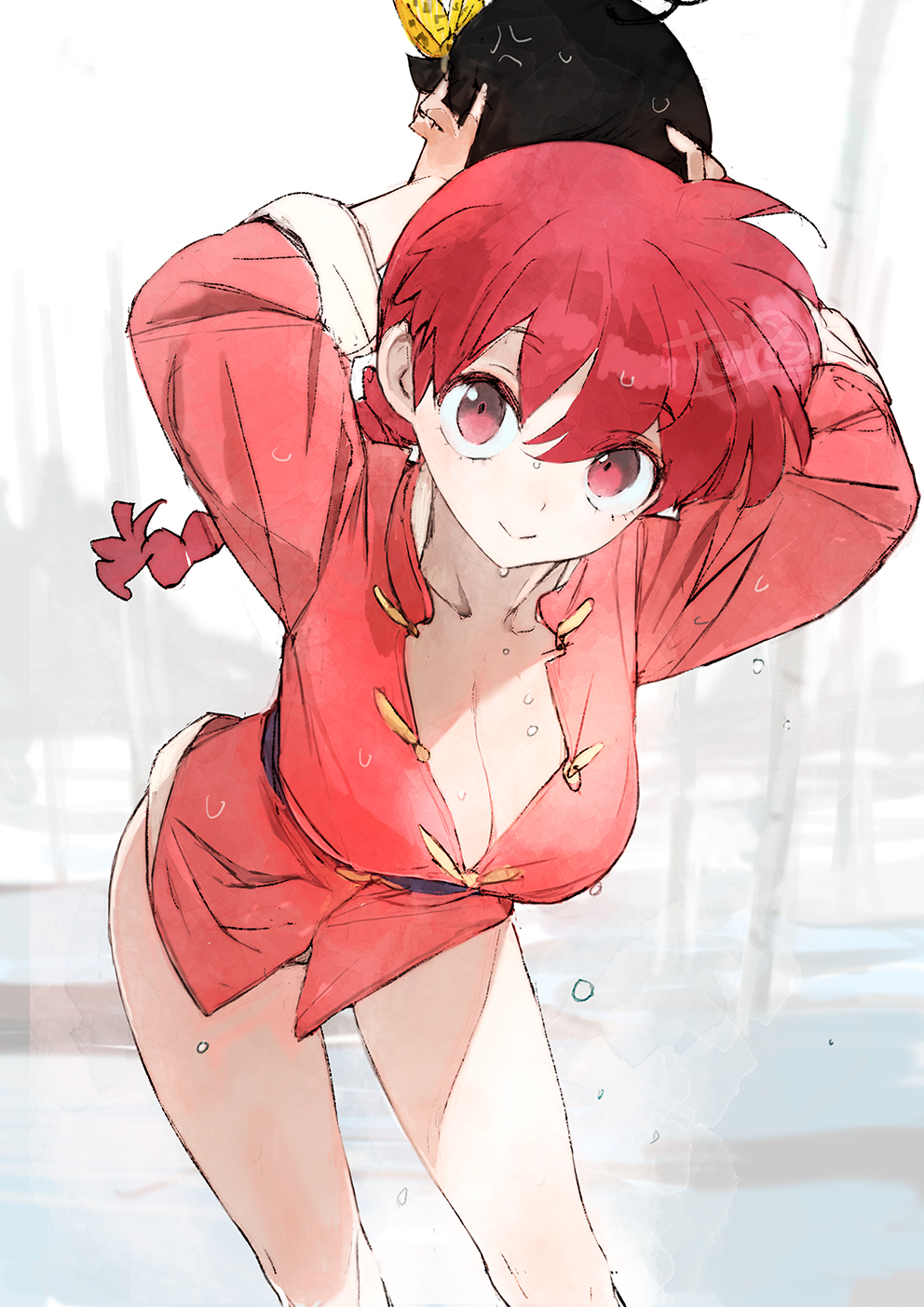 1girl animal arms_up braid braided_ponytail breasts chinese_clothes cleavage commentary_request feet_out_of_frame highres holding holding_animal large_breasts long_hair long_sleeves looking_at_viewer no_pants p-chan pig ranma-chan ranma_1/2 red_eyes red_hair red_shirt shirt smile toi8 water water_drop wet wet_clothes wet_hair