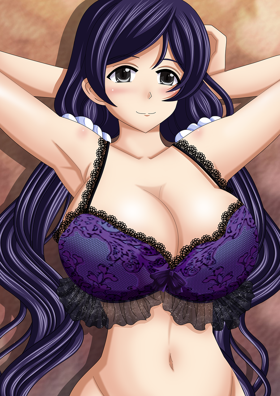 1girl armpits artemisumi blush bra breasts cleavage collarbone female_focus grey_eyes highres large_breasts long_hair looking_at_viewer love_live! lying navel on_back purple_hair smile solo tojo_nozomi twintails underwear