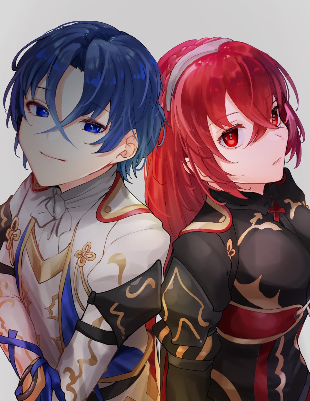 1boy 1girl blue_eyes blue_hair closed_mouth female_alear_(fell_dragon)_(fire_emblem) female_alear_(fire_emblem) female_alear_(red_days_past)_(fire_emblem) fire_emblem fire_emblem_engage gloves hair_between_eyes highres long_hair long_sleeves looking_at_viewer male_alear_(divine_dragon)_(fire_emblem) male_alear_(fire_emblem) nintendo red_eyes red_hair sakura_no_yoru short_hair tiara