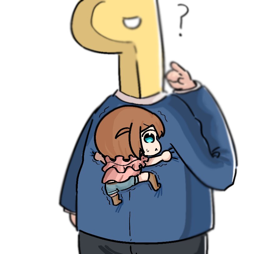 1boy 1girl ? aqua_eyes baba_konomi black_pants blue_jacket blue_shorts blurry brown_footwear brown_hair hand_up hanging_on_another idolmaster idolmaster_million_live! index_finger_raised jacket long_sleeves looking_afar looking_at_viewer p-head_producer pants pink_shirt producer_(idolmaster) puffy_cheeks shirt short_hair short_sleeves shorts trembling vnekov white_background