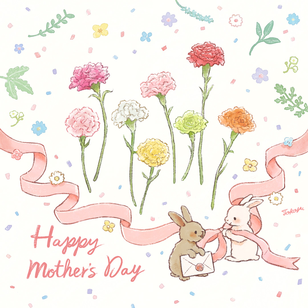 animal artist_name blue_flower blush bouquet carnation confetti english_text floral_background flower green_flower grey_fur holding holding_letter holding_ribbon leaf letter looking_at_another mother's_day no_humans orange_flower original parted_lips pink_flower pink_ribbon plant rabbit red_carnation red_flower ribbon smile standing tokoyu white_background white_flower white_fur yellow_flower