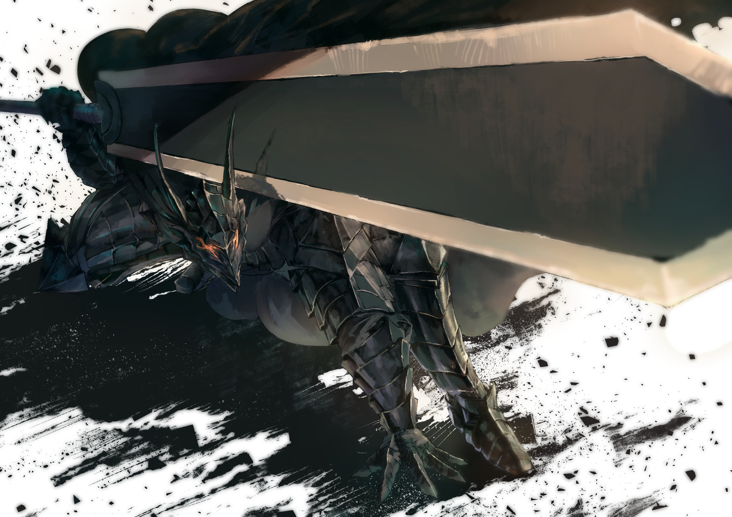 1boy armor beast_of_darkness_(berserk) berserk berserker_armor black_armor dragonslayer_(sword) fighting_stance foreshortening guts_(berserk) highres holding holding_sword holding_weapon huge_weapon sword touro weapon