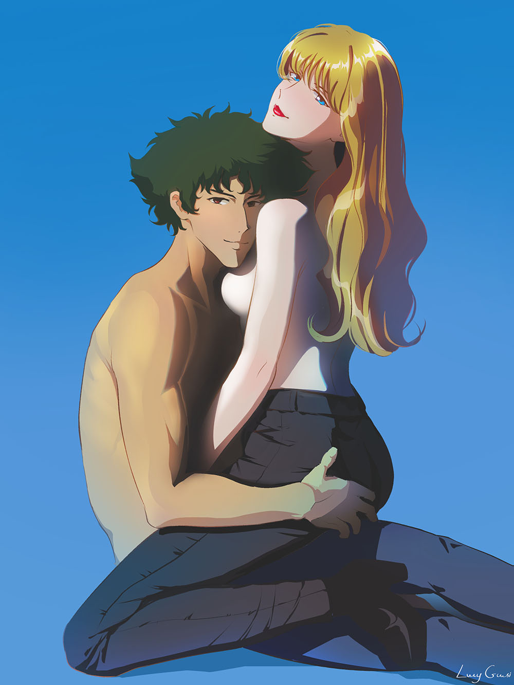 1boy 1girl blonde_hair blue_eyes breasts brown_eyes couple cowboy_bebop curly_hair green_hair highres hug julia_(cowboy_bebop) lucyguusi medium_breasts sideboob spike_spiegel topless_female topless_male