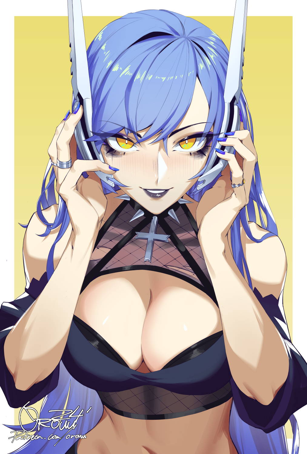 1girl black_eyeshadow blue_hair choker clothing_cutout cross detached_sleeves eyeshadow girls&#039;_frontline headphones highres holding holding_headphones jewelry lipstick looking_at_viewer makeup midriff nail_polish navel orouu ring simple_background solo spiked_choker spikes tar-21_(girls&#039;_frontline) torn_clothes yellow_background yellow_eyes
