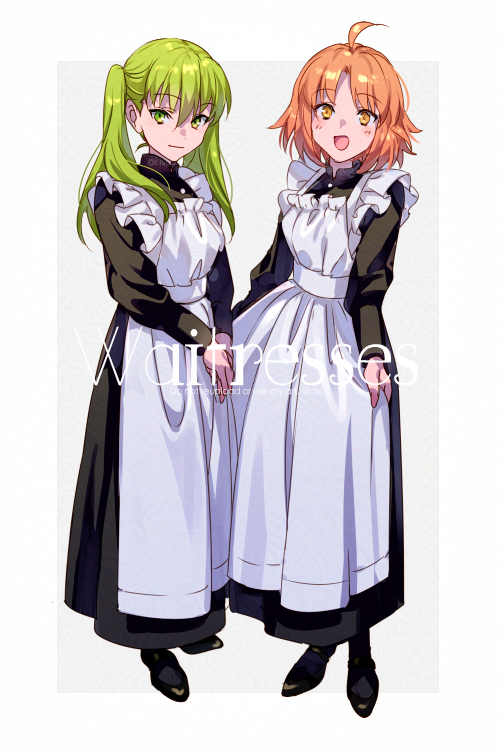 ahoge apron black_dress blush breasts dress echo_(circa) fate/grand_order fate_(series) full_body green_eyes green_hair hibino_hibiki katsuragi_chikagi long_hair long_sleeves looking_at_viewer mahou_tsukai_no_hako medium_breasts orange_eyes orange_hair short_hair smile twintails white_apron